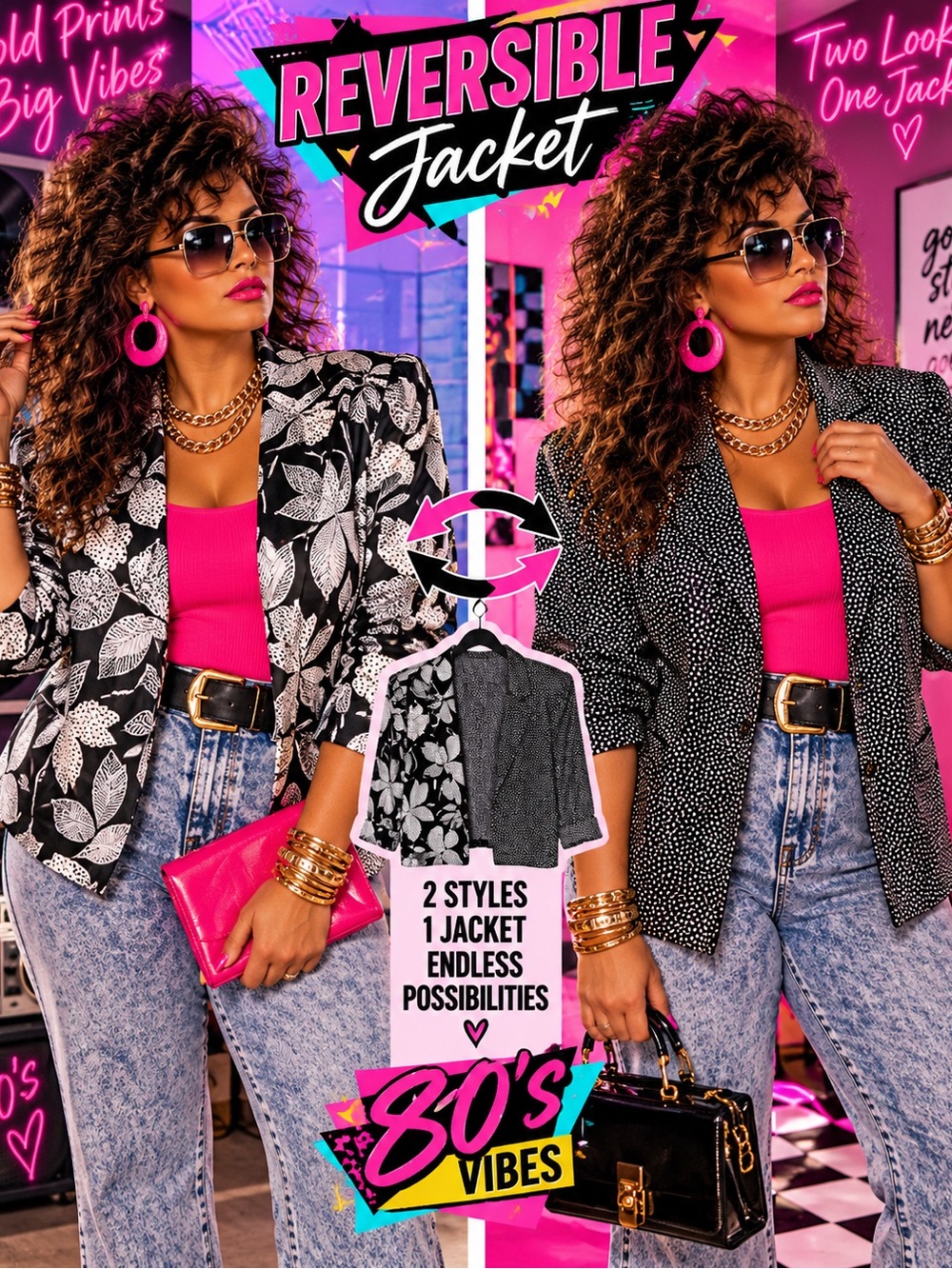 Vintage Reversible Women's Blazer - White & Black 2-in-1 Jacket Leaves/Polka Dot